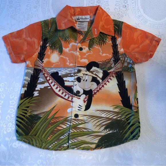 Disney Parks Boys 36M Mickey Mouse Orange Hawaiian Shirt Button-Up Short Sleeves - Picture 1 of 14